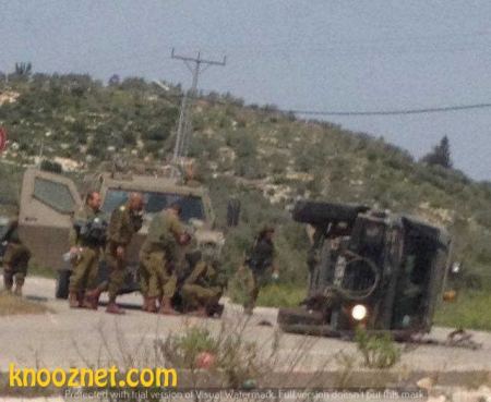 [صور] إصابة جنديين باصطدام شاحنة في جيب عسكري قرب جنين